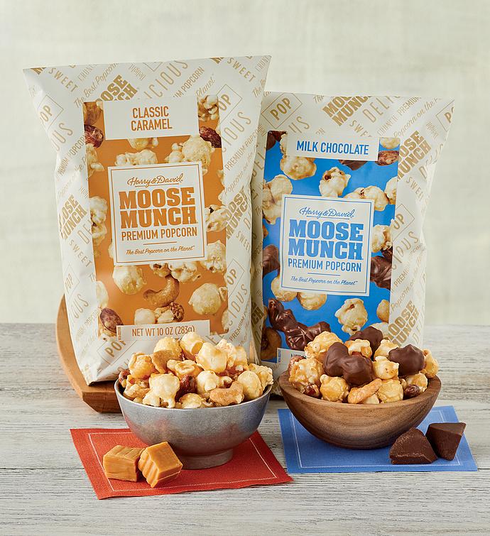 Moose Munch&#174; Premium Popcorn - Milk Chocolate and Caramel Mix Duo